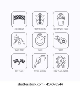 Race flags and speed icons. Winner medal, checkpoint and traffic lights linear signs. Timer and petrol station flat line icons. Flat linear icons in squares on white background. Vector