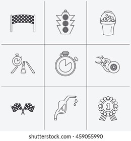 Race flags and speed icons. Winner medal, checkpoint and traffic lights linear signs. Timer and petrol station flat line icons. Linear icons on white background. Vector
