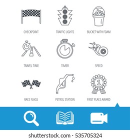 Race flags and speed icons. Winner medal, checkpoint and traffic lights linear signs. Timer and petrol station flat line icons. Video cam, book and magnifier search icons. Vector