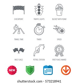 Race flags and speed icons. Winner medal, checkpoint and traffic lights linear signs. Timer and petrol station flat line icons. New tag, shield and calendar web icons. Download arrow. Vector