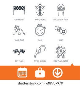 Race flags and speed icons. Winner medal, checkpoint and traffic lights linear signs. Timer and petrol station flat line icons. Download arrow, locker and calendar web icons. Vector