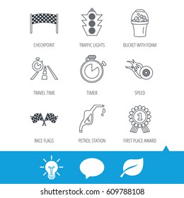 Race flags and speed icons. Winner medal, checkpoint and traffic lights linear signs. Timer and petrol station flat line icons. Light bulb, speech bubble and leaf web icons. Vector