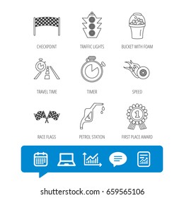Race flags and speed icons. Winner medal, checkpoint and traffic lights linear signs. Timer and petrol station flat line icons. Report file, Graph chart and Chat speech bubble signs. Vector