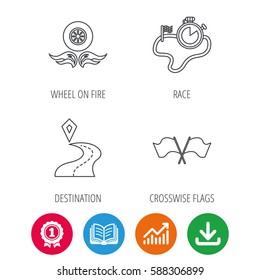 Race flags, timer and destination pointer icons. Wheel on fire linear sign. Award medal, growth chart and opened book web icons. Download arrow. Vector