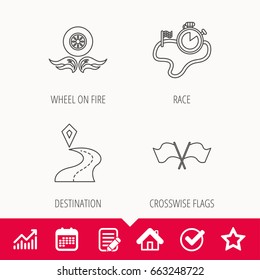 Race flags, timer and destination pointer icons. Wheel on fire linear sign. Edit document, Calendar and Graph chart signs. Star, Check and House web icons. Vector