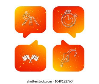 Race flags, travel timer and petrol station icons. Timer linear sign. Orange Speech bubbles with icons set. Soft color gradient chat symbols. Vector