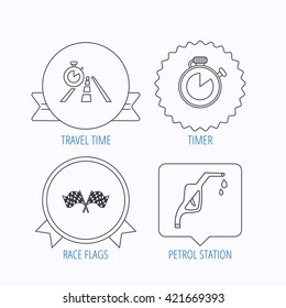 Race flags, travel timer and petrol station icons. Timer linear sign. Award medal, star label and speech bubble designs. Vector