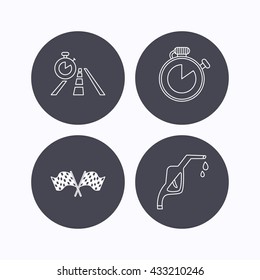 Race flags, travel timer and petrol station icons. Timer linear sign. Flat icons in circle buttons on white background. Vector