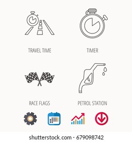 Race flags, travel timer and petrol station icons. Timer linear sign. Calendar, Graph chart and Cogwheel signs. Download colored web icon. Vector