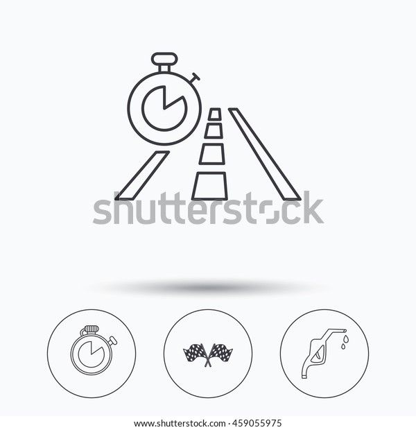 Race flags, travel timer and petrol station icons.\
Timer linear sign. Linear icons in circle buttons. Flat web\
symbols. Vector