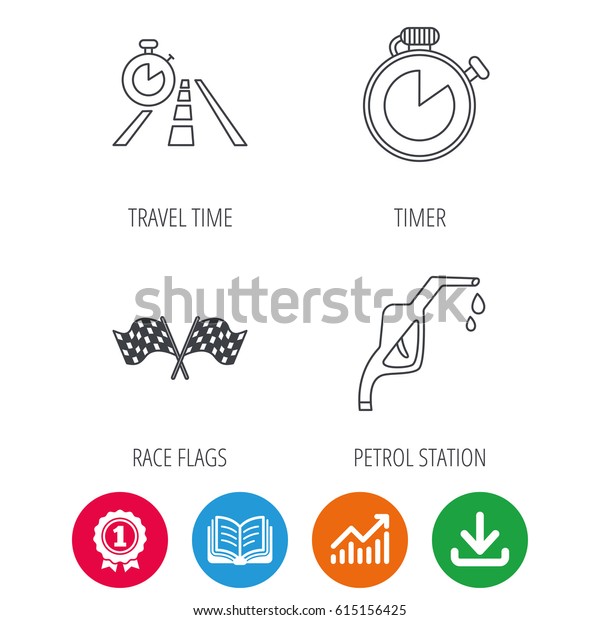 Race flags, travel timer and petrol station\
icons. Timer linear sign. Award medal, growth chart and opened book\
web icons. Download arrow.\
Vector