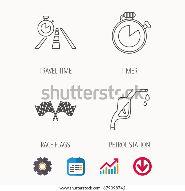 Race flags, travel timer and petrol station\
icons. Timer linear sign. Calendar, Graph chart and Cogwheel signs.\
Download colored web icon.\
Vector