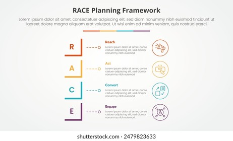 RACE framework infographic concept for slide presentation with modified square shape vertical stack with 4 point list with flat style vector