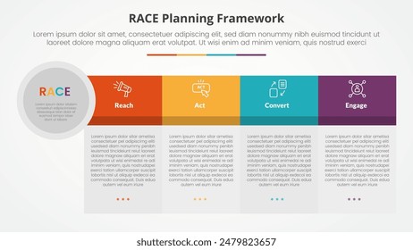 Concepto infográfico de la estructura de RACE para la presentación de la diapositiva con la forma grande de la tabla encabezado grande y borde del círculo con la lista de 4 puntos con el Vector de estilo plano