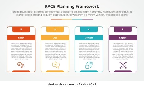 RACE framework infographic concept for slide presentation with big outline table box and strong header with 4 point list with flat style vector