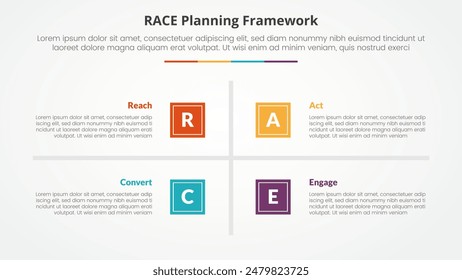 RACE framework infographic concept for slide presentation with square base and cross line center with 4 point list with flat style vector