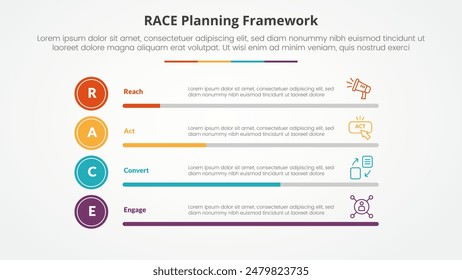 RACE framework infographic concept for slide presentation with horizontal bar percentage with 4 point list with flat style vector