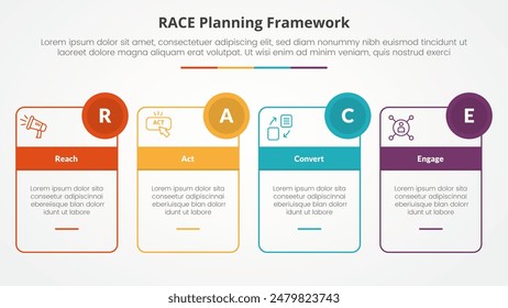 RACE framework infographic concept for slide presentation with outline box table and circle badge with 4 point list with flat style vector