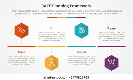 Concepto de infografía de la estructura de RACE para la presentación de diapositivas con forma hexagonal o hexagonal estilo de línea de tiempo con lista de 4 puntos con Vector de estilo plano