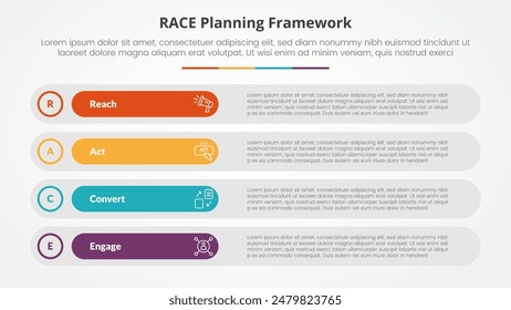 RACE framework infographic concept for slide presentation with long round rectangle box stack with 4 point list with flat style vector