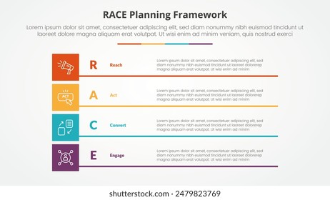 RACE framework infographic concept for slide presentation with boxed creative rectangle stack with 4 point list with flat style vector