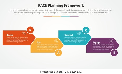 RACE framework infographic concept for slide presentation with arrow shape right direction up and down with 4 point list with flat style vector