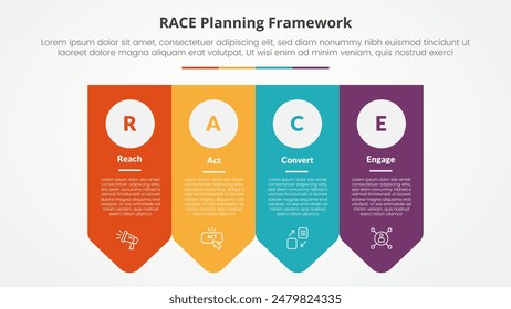 RACE framework infographic concept for slide presentation with arrow badge shape bottom direction with 4 point list with flat style vector