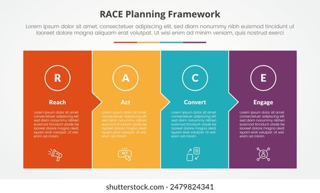 RACE framework infographic concept for slide presentation with full box with small arrow direction with 4 point list with flat style vector