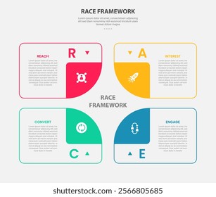 RACE framework infographic outline style with 4 point template with creative box container with square illusion base on center for slide presentation vector