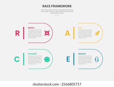 RACE framework infographic outline style with 4 point template with round rectangle container with big number for slide presentation vector