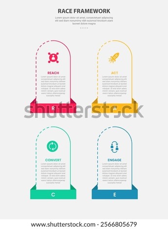 RACE framework infographic outline style with 4 point template with vertical round box container with rectangle header bottom for slide presentation vector