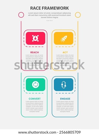 RACE framework infographic outline style with 4 point template with vertical box structure with header badge for slide presentation vector
