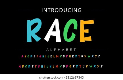 Race Funky colorful cartoon font type. Vector alphabet