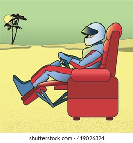 Race Gamer. A Race Car Driver With A Helmet & Visor & Striped One Piece Racing Suit Sitting In A Legs Up Recliner, In The Middle Of The Desert Sun & Palms Trees In The Distance