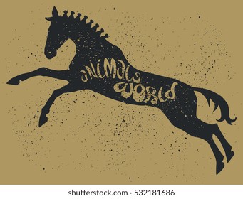 Race Horse. Grunge Style with Ink splashes texture. Black Silhouette with lettering "Animals World". Hand Drawn illustration on Animals theme.