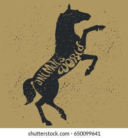 Race Horse. Grunge Style with Ink splashes texture. Black Silhouette with lettering "Animals World". Hand Drawn illustration on Animals theme.