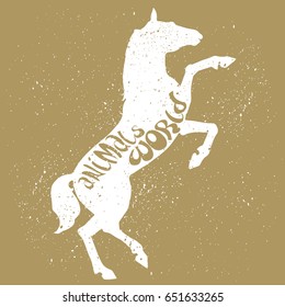 Race Horse. Grunge Style with Ink splashes texture. Black Silhouette with lettering "Animals World". Hand Drawn illustration on Animals theme.