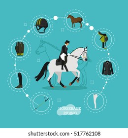 Race horse and lady jockey in center of horse riding equipment infographic items jacket, gloves, breeches, boots, whip, helmet, bridle, saddle. Horseback riding concept flat vector illustration