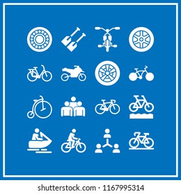 race icon. 16 race vector set. bicycle, alloy wheel, jet ski and oars icons for web and design about race theme