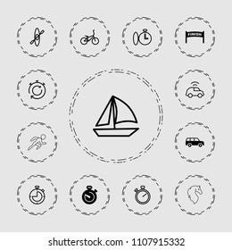 Race icon. collection of 13 race filled and outline icons such as stopwatch, finish, sailboat, bicycle, rowing, car, horse. editable race icons for web and mobile.