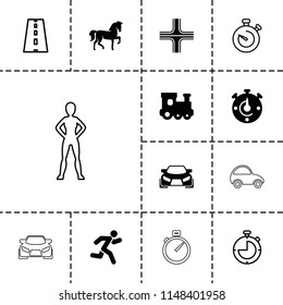 Race icon. collection of 13 race filled and outline icons such as horse, train toy, running, stopwatch, road, car, toy car. editable race icons for web and mobile.