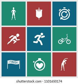 Race icon. collection of 9 race filled icons such as exercising, running, bicycle, stopwatch, sail. editable race icons for web and mobile.