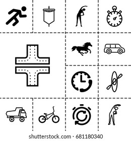 Race icon. set of 13 filled and outline race icons such as horse, exercising, running, bicycle, stopwatch, road, toy car, sail, rowing