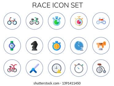 race icon set. 15 flat race icons.  Simple modern icons about  - bike, watch, bicycle, horse, chronometer, stopwatch, baton