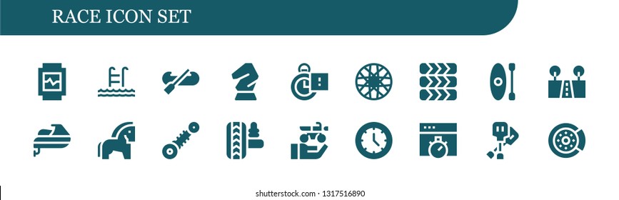 race icon set. 18 filled race icons.  Collection Of - Watch, Swim, Kayak, Horse, Stopclock, Spoke wheel, Tires, Street, Jet ski, Suspension, Motorbike, Chronometer, Paddles, Brake disc
