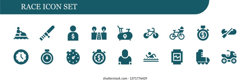 race icon set. 18 filled race icons.  Simple modern icons about  - Jet ski, Baton, Salesman, Street, Bike, Bicycle, Stopwatch, Kayak, Watch, Swim, Roller skate, Quad