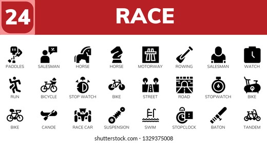 race icon set. 24 filled race icons.  Simple modern icons about  - Paddles, Salesman, Horse, Motorway, Rowing, Watch, Run, Bicycle, Stop watch, Bike, Street, Road, Stopwatch, Canoe
