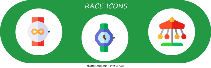 race icon set. 3 flat race icons.  Collection Of - watch, ride