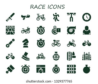 race icon set. 30 filled race icons.  Collection Of - Baton, Canoe, Bicycle, Run, Handlebar, Watch, Road, Stopwatch, Stopclock, Turbo, Salesman, Suspension, Horse, Bike, Motorbike