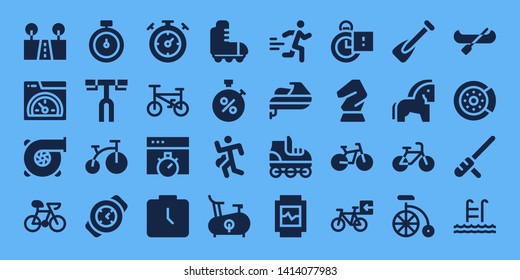 race icon set. 32 filled race icons. on blue background style Simple modern icons about  - Street, Speed, Turbo, Bike, Stopwatch, Handlebar, Watch, Bicycle, Chronometer, Roller skate